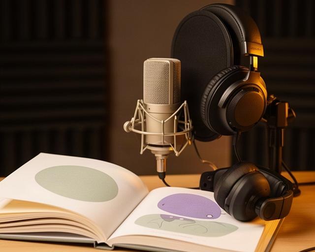 Open kinderboek naast een koptelefoon en microfoon in een warme geluidsstudio