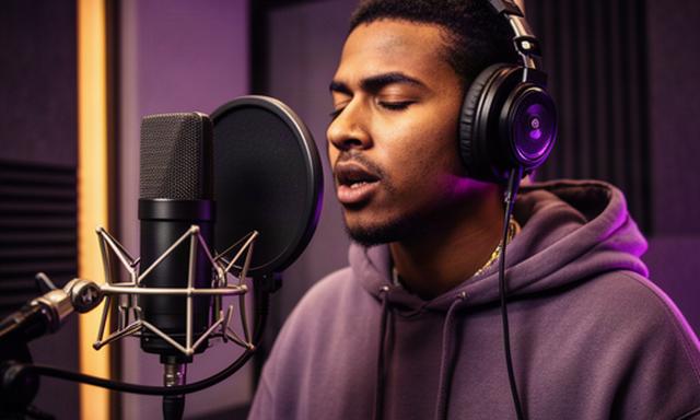 Hiphop-artiest uit Kampen achter een studiomicrofoon tijdens een vocale opname