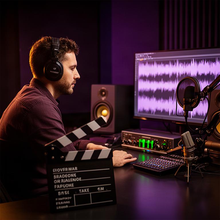 Geluidseditor naast een filmklapper en computerscherm met audiogolfvormen in een donkere studio